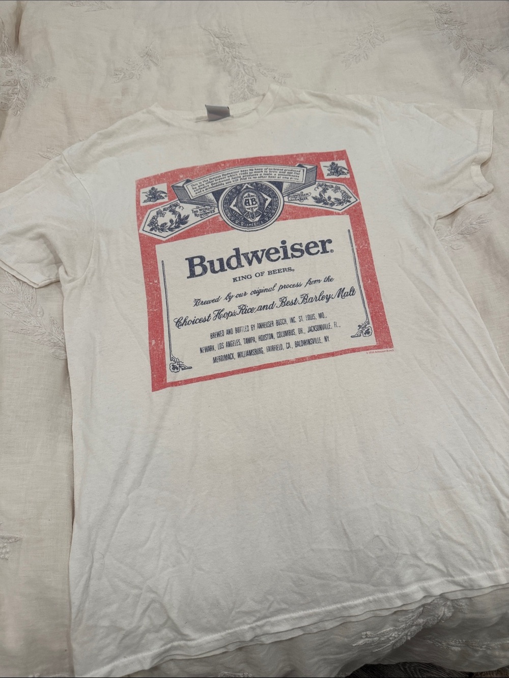 Budweiser White Tee with Red and Navy Label Graphic